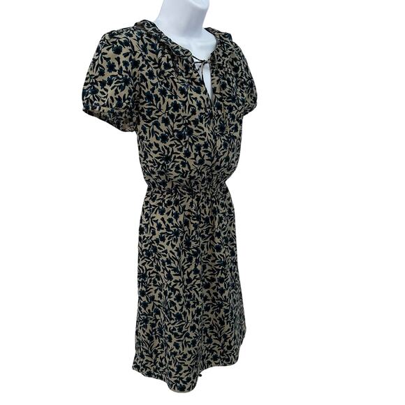 Ann Taylor LOFT Tan/Blue/Black Knee Length Floral Dress WMNS M Ruffle Tie Neck - Picture 4 of 12